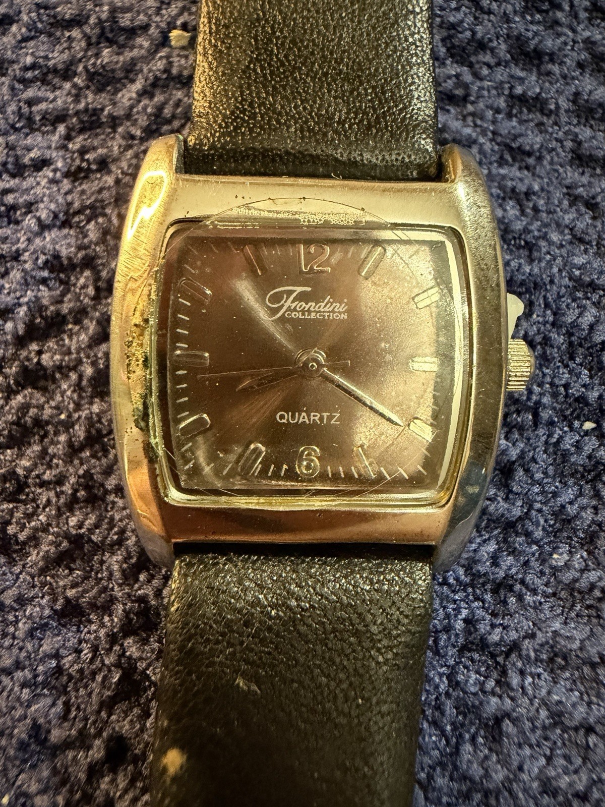 Frondini Collection Quartz Watch Black Dial Tonneau Gold Tone Leather Strap