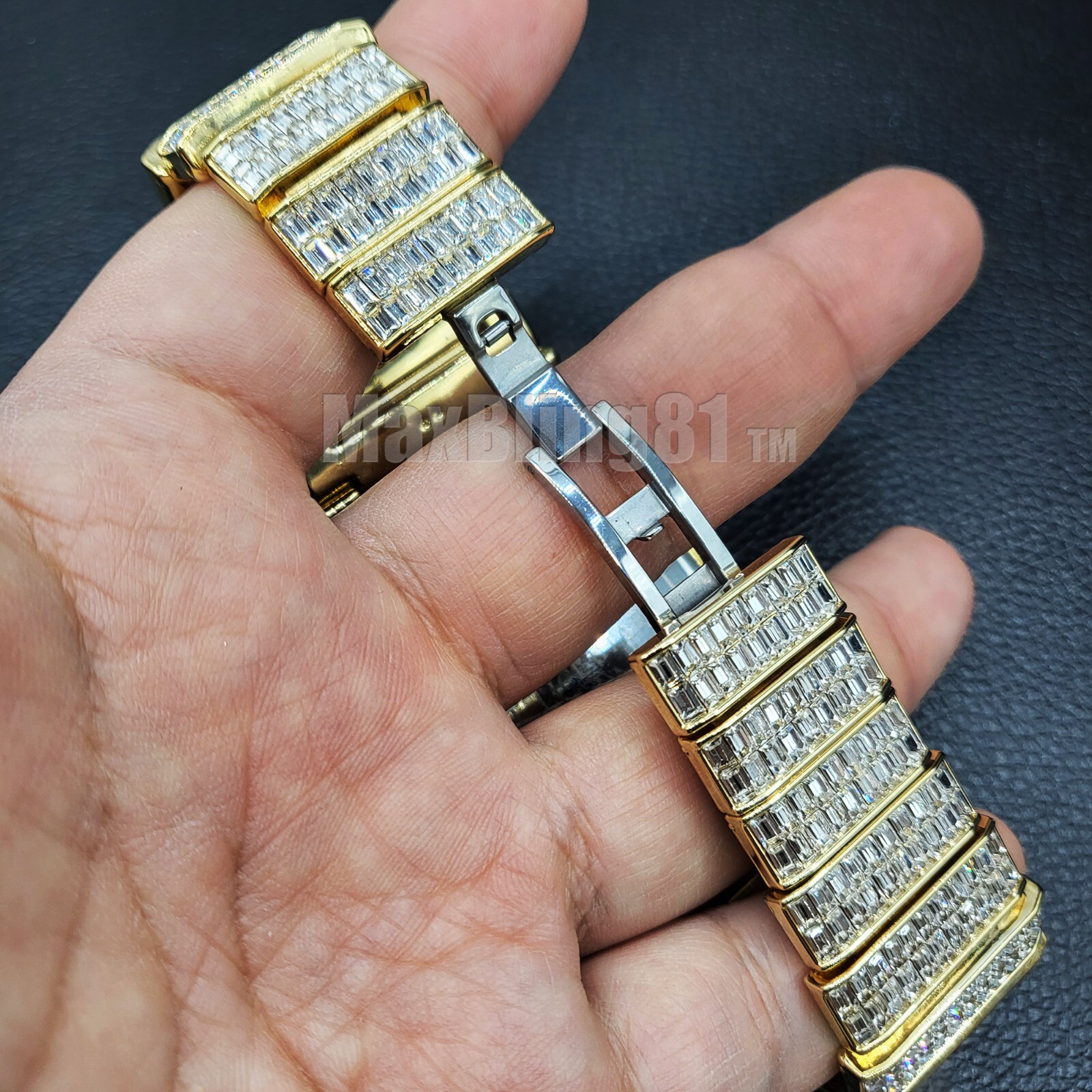 Men Full Iced Baguette Simulated Diamond Gold Silver Finish Hip Hop Metal Watch