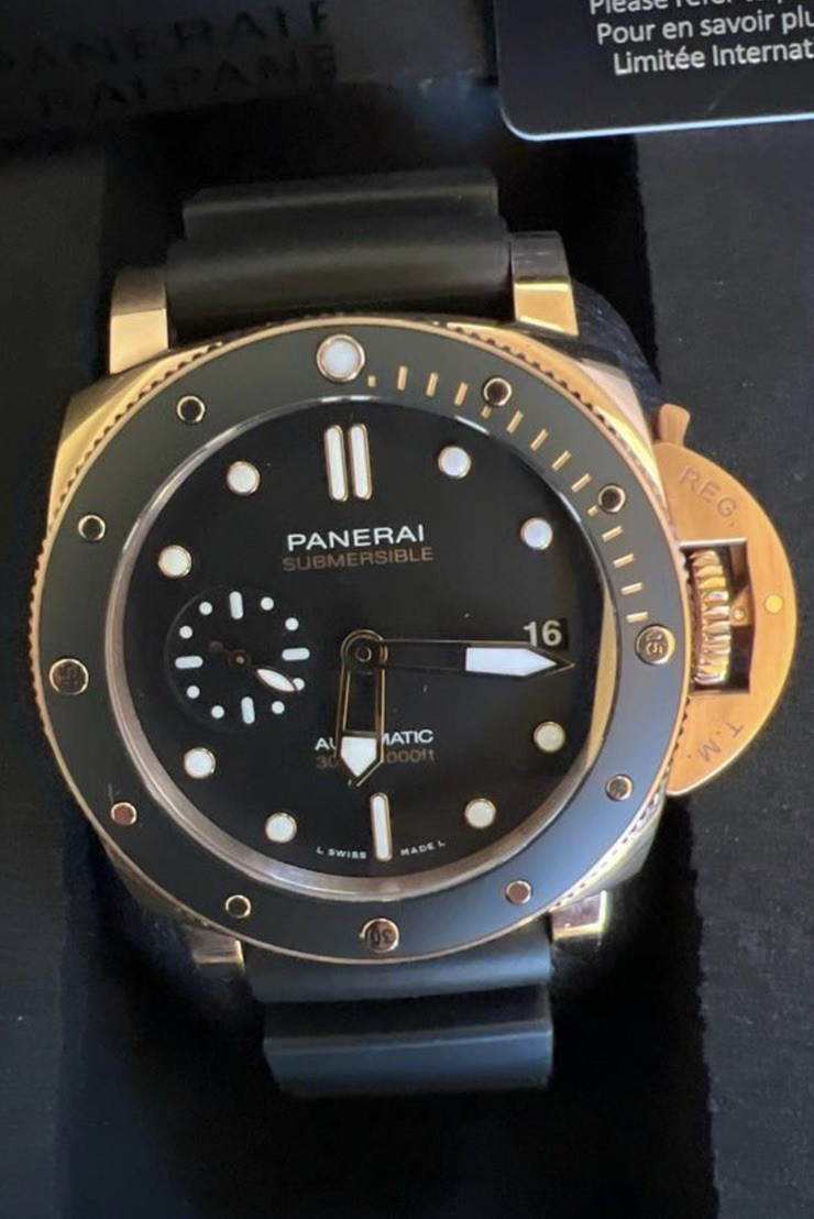 Panerai Submersible Automatic 42mm 300m Black Dial Rose Gold Rubber Box/Pprs