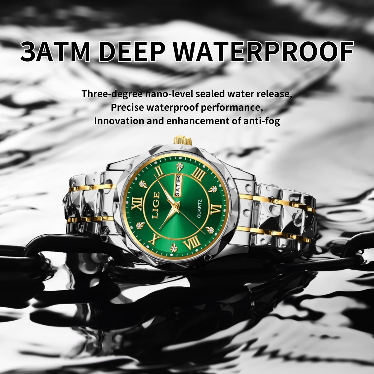 LIGE Men Watch Quartz Stainless Steel Luminous Date Green Dial Daily Wristwatch