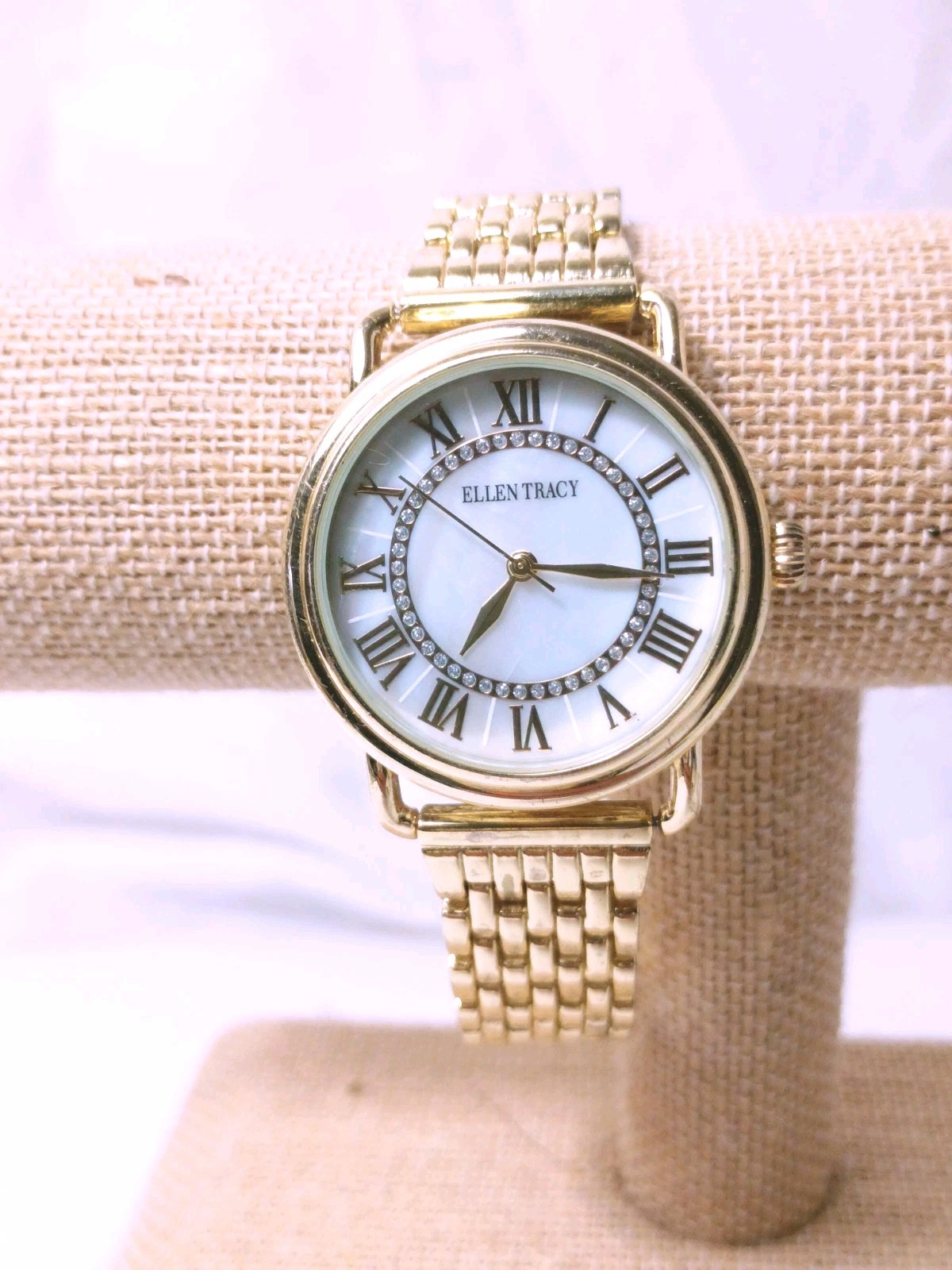 Ellen Tracy Watch Gold Tone Crystal Accent Jewelry Clasp Mother Pearl Dial Works