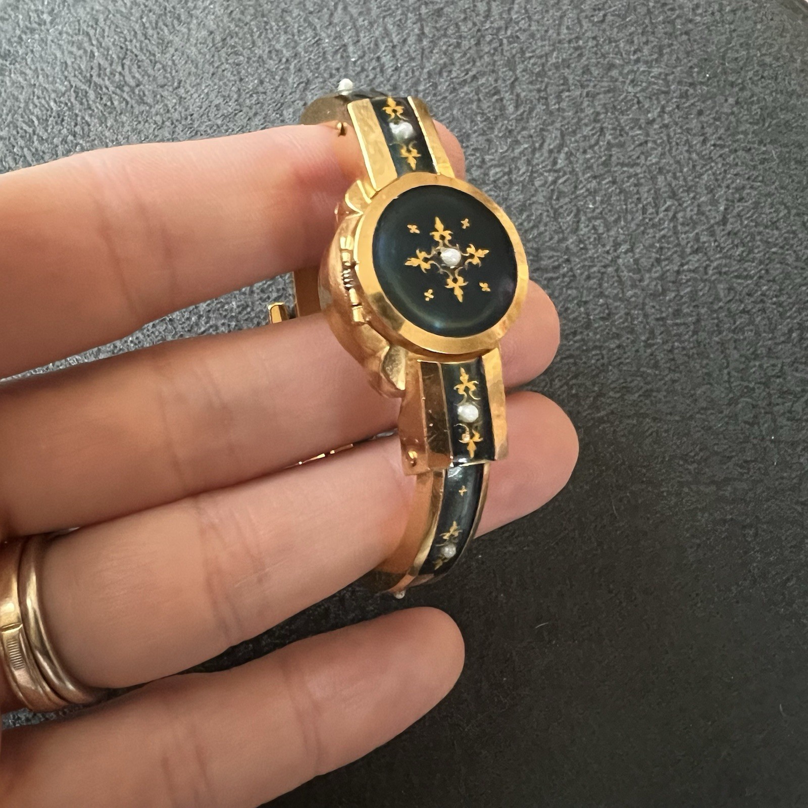 Rare Vintage Bucherer 17 Jewels Flip Watch Gold Plated Enamel And Pearl Detail