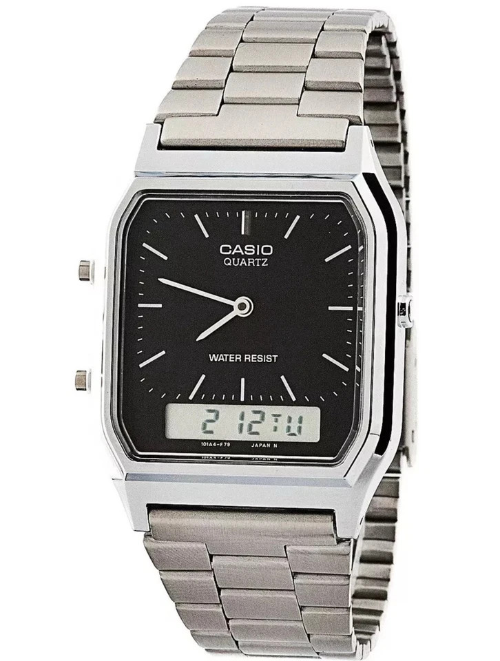 Casio AQ-230A Dual Time Silver Retro Stainless Steel Analog Digital Watch 38.8mm