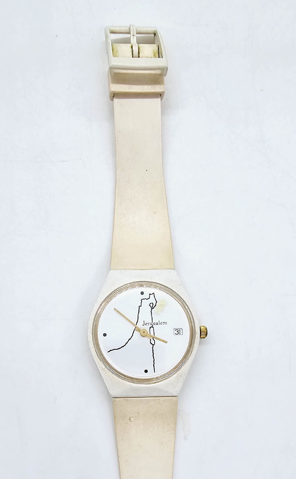 Jerusalem Wrist Watch Map of Israel NDC Parts or Repair Vintage White Holy City