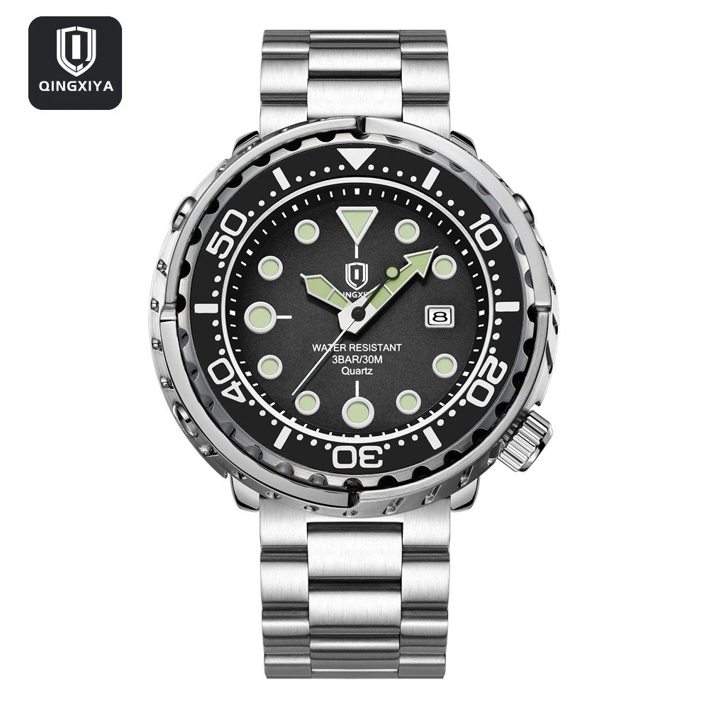 QINGXIYA —Diver-style «Tuna Can» watch — Stainless steel — Quartz —