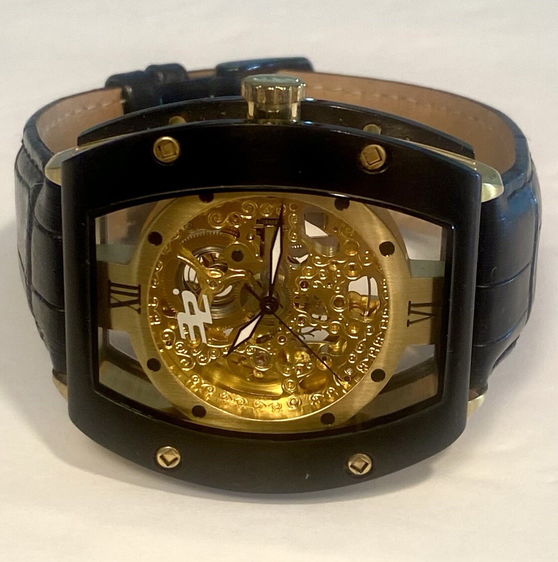 Auto W44mm Black Tonneau | Floating Goldtone Skeleton Dial 32 DEGREES Mens Watch