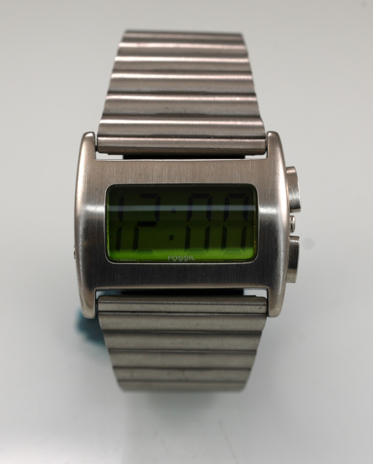 Fossil Road Trip Watch Men Date Stainless Silver Steel WR Green Battery Quartz