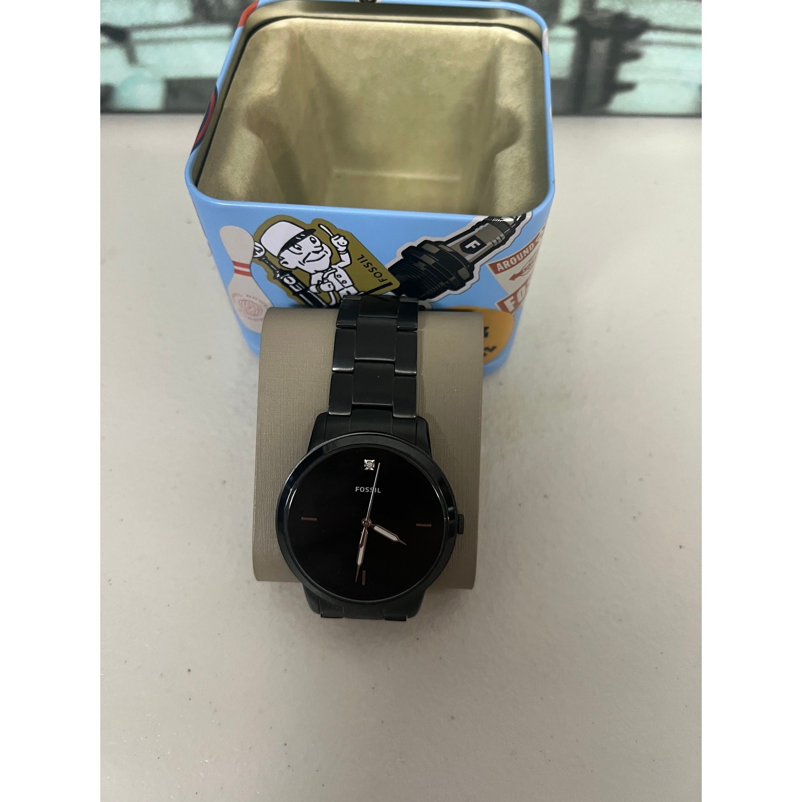 Fossil FS5455 Minimalist All Black Stainless Steel Diamond Accent Men Watch