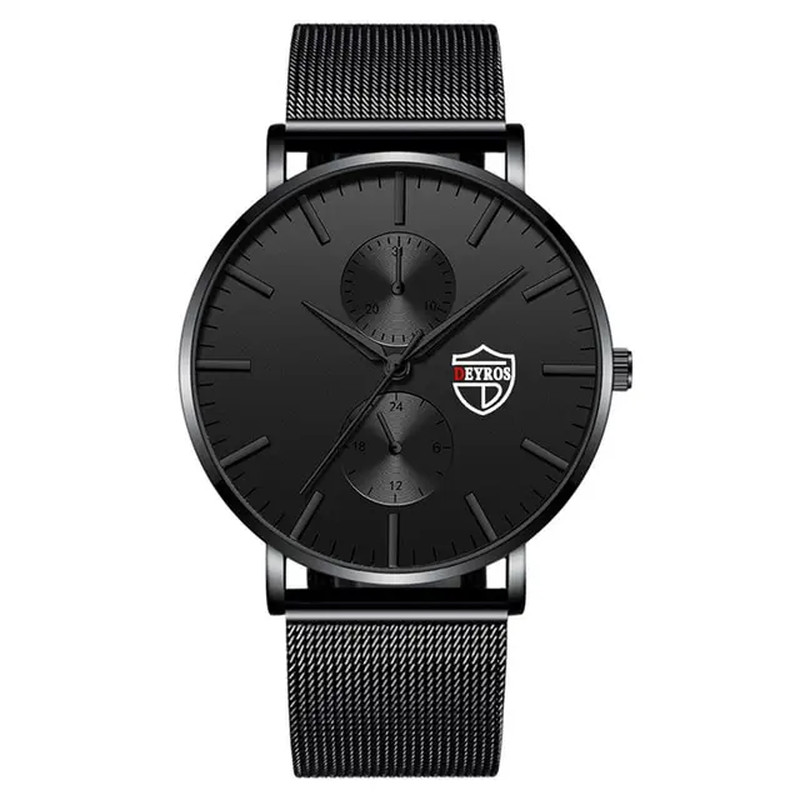 Men’s Ultra Thin Luxury Quartz Watch with Black Stainless Steel Mesh Band