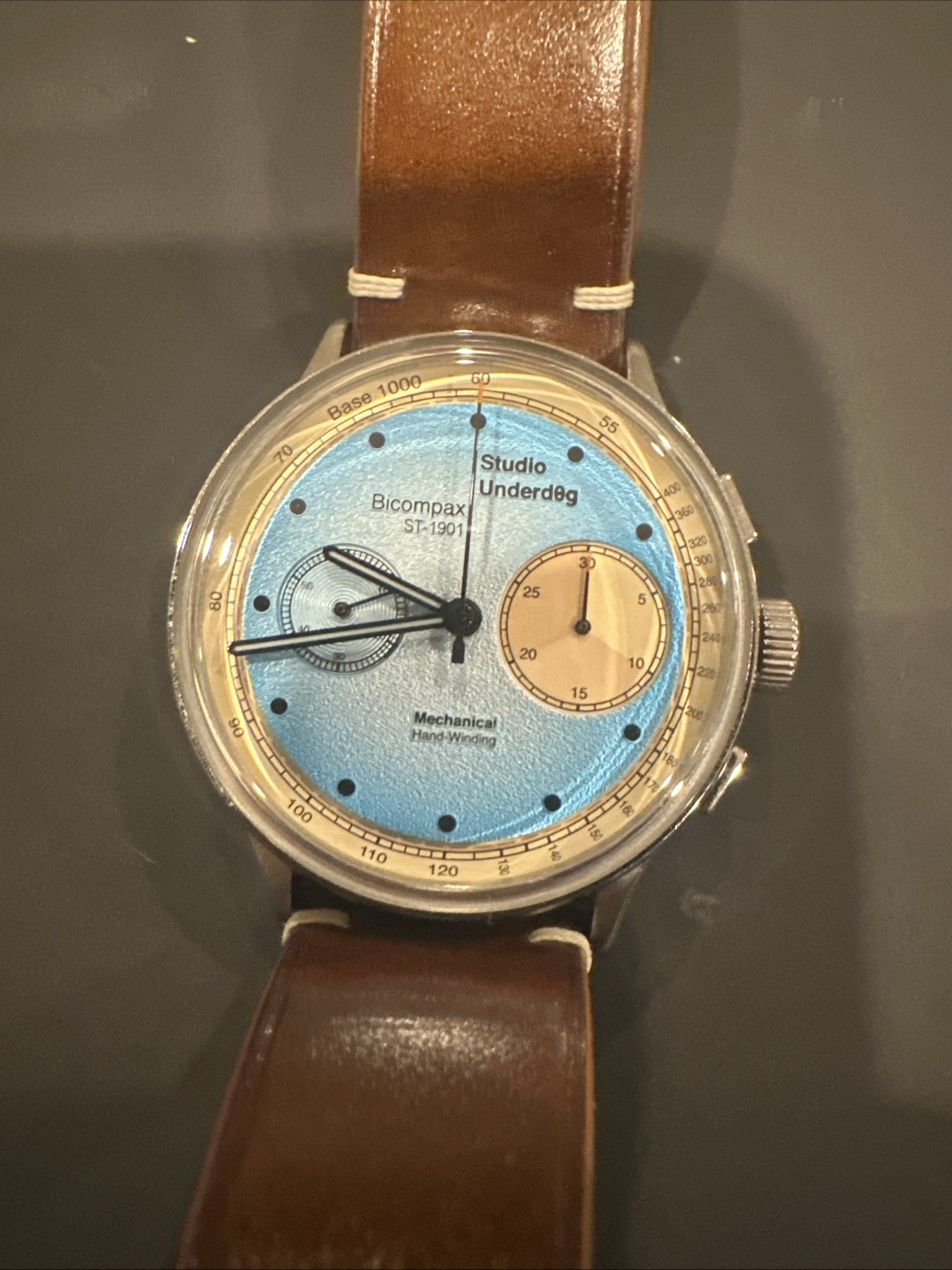 Studio Underd0g Bicompax 38mm Manual Chronograph Blue Dial Leather Strap Watch