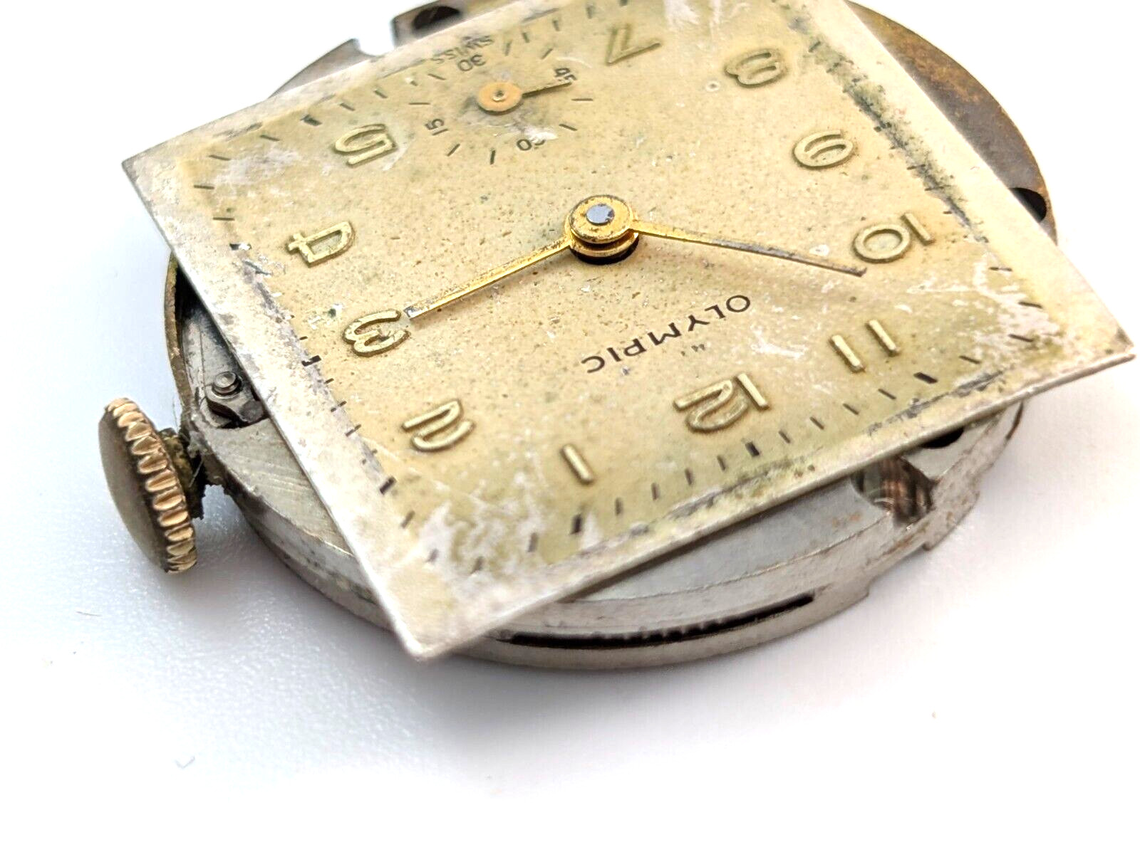 Vintage OLYMPIC Gsell & Co 7j 28mm Swiss Watch Movement & Rear Case PARTS REPAIR