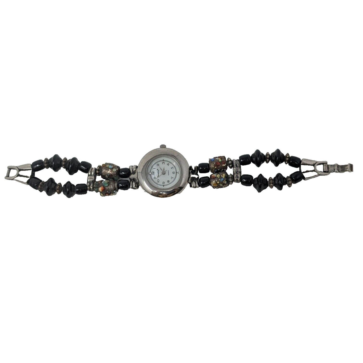 Bonetto Quartz Watch Women Silver Tone Black Beaded Lampwork Art Glass Bracelet