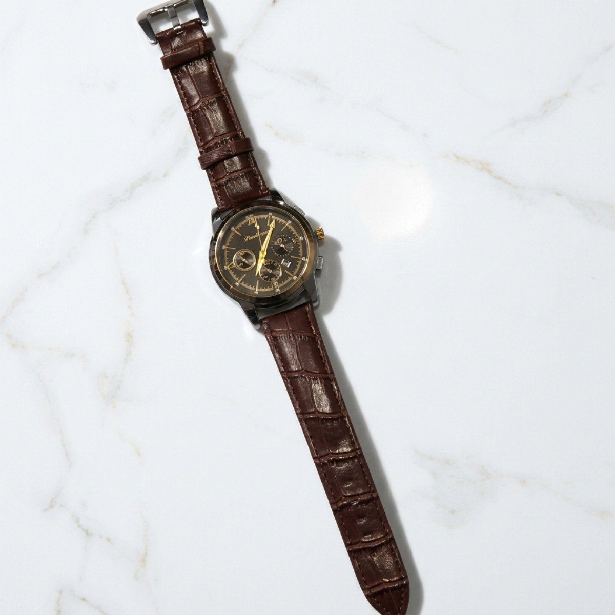 Men 42mm Quartz Black Dial Analog Gold Watch Date Brown Leather Strap Poedagar