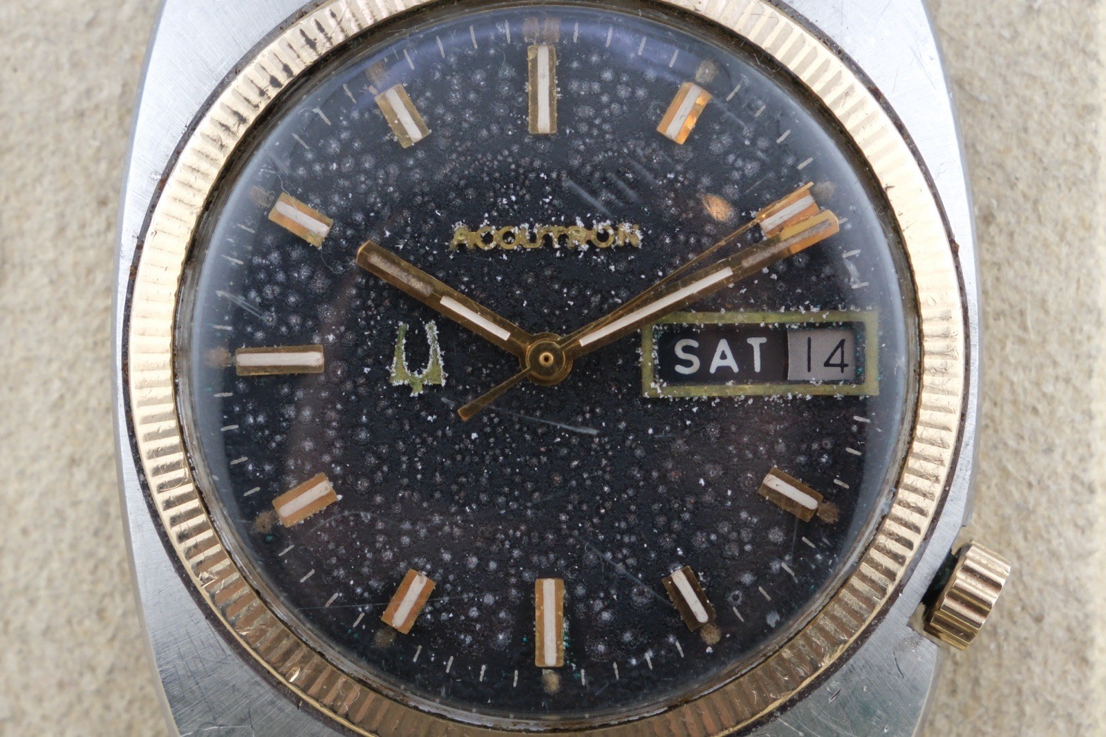 1972 bulova accutron Timeworn Black Dial, Running. Insane Patina