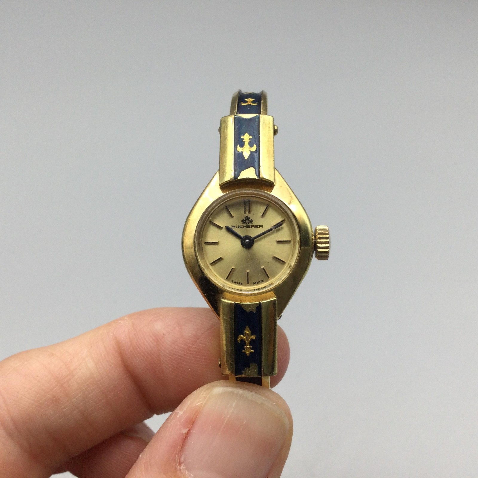 Vintage Bucherer Ladies Watch 18mm Manual Wind Blue Enamel Bracelet 5.5″