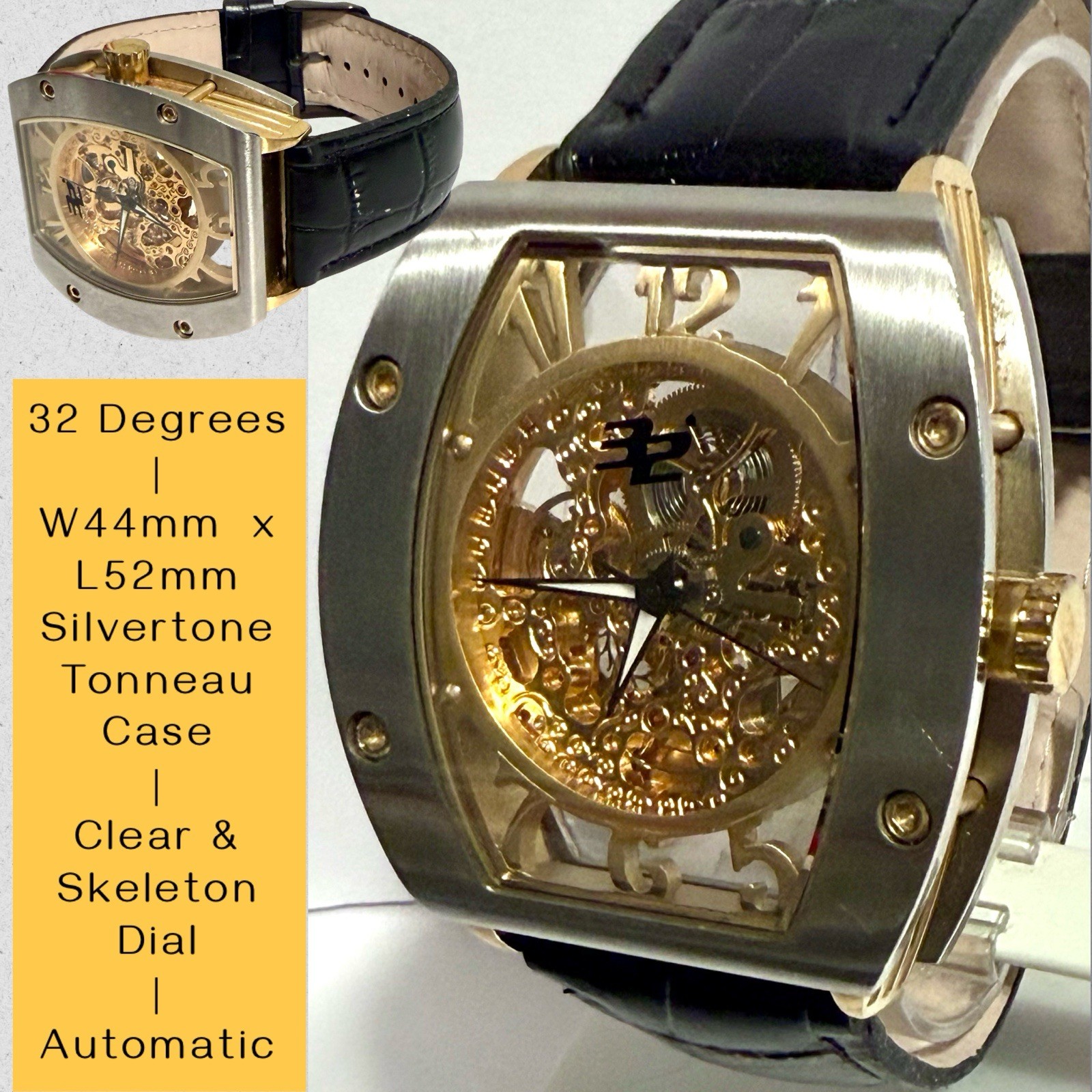 W44mm Auto Floating Goldtone Skeleton Dial | Silvertn Tonneau | 32 DEGREES Watch