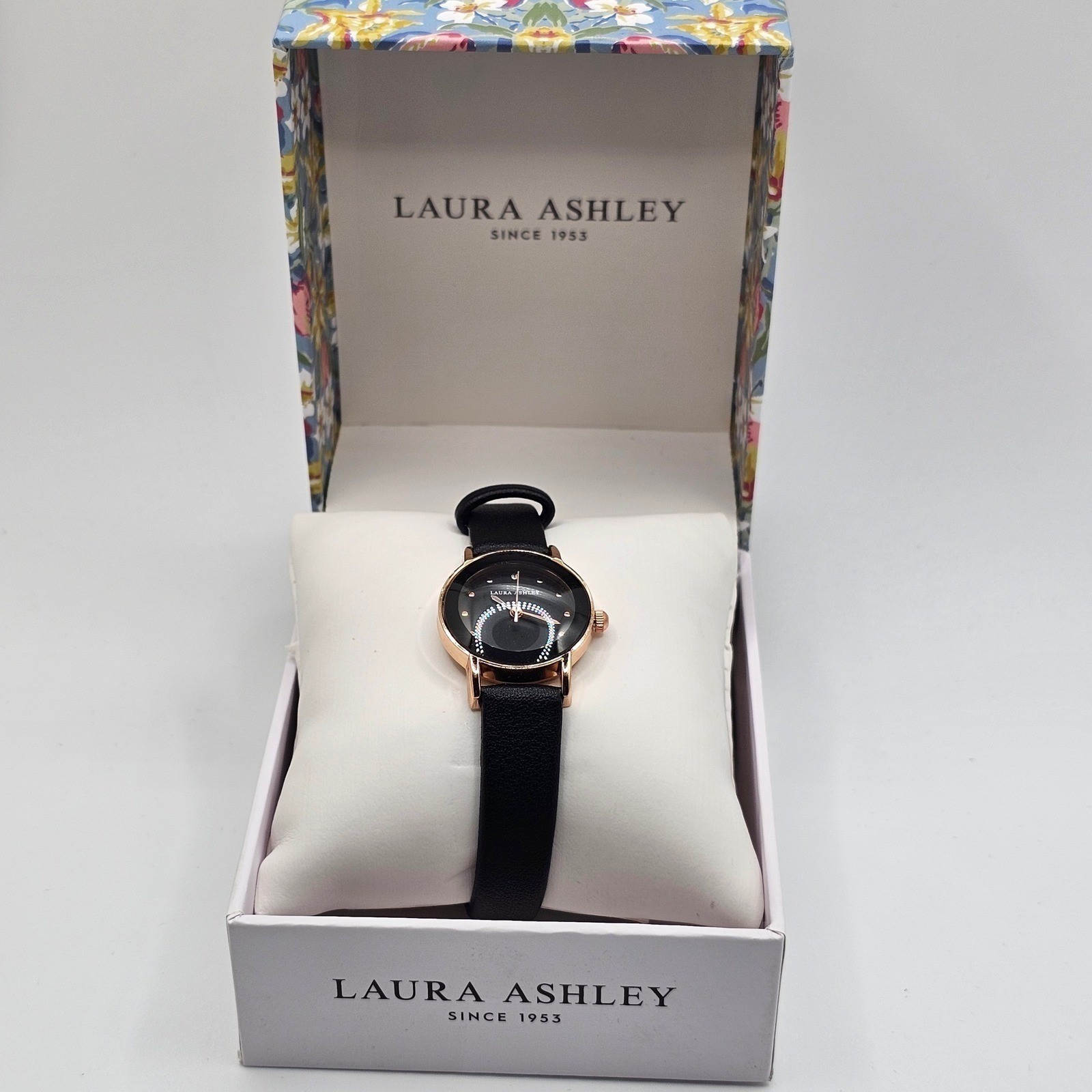 Laura Ashley Women Watch Rose Gold Black Faux Leather Strap LA3002BK 24mm