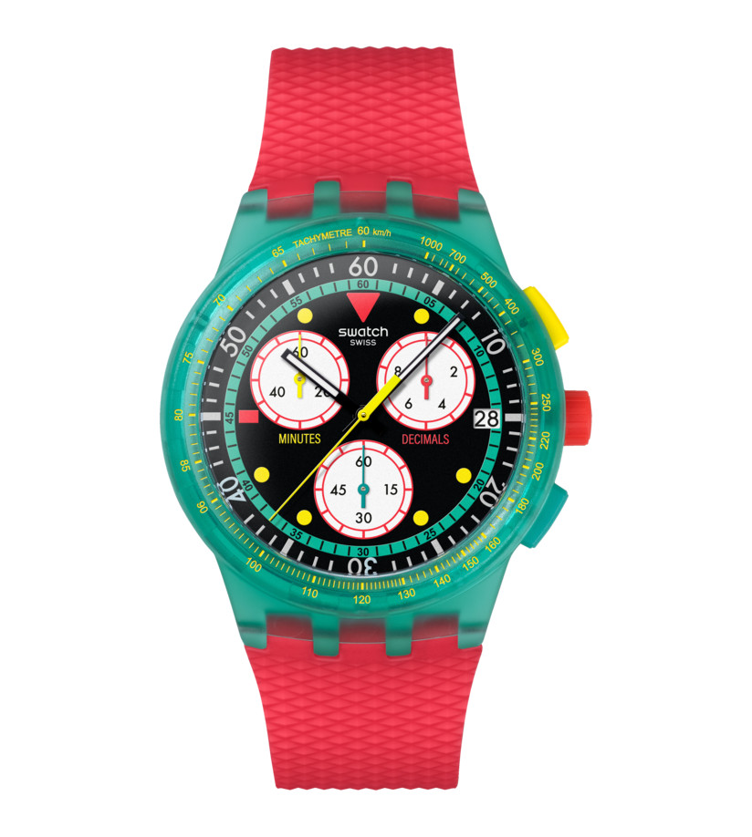 Swatch Neon Emerald Chrono SUSG409 Retro 80s Inspired Chronograph Watch Green