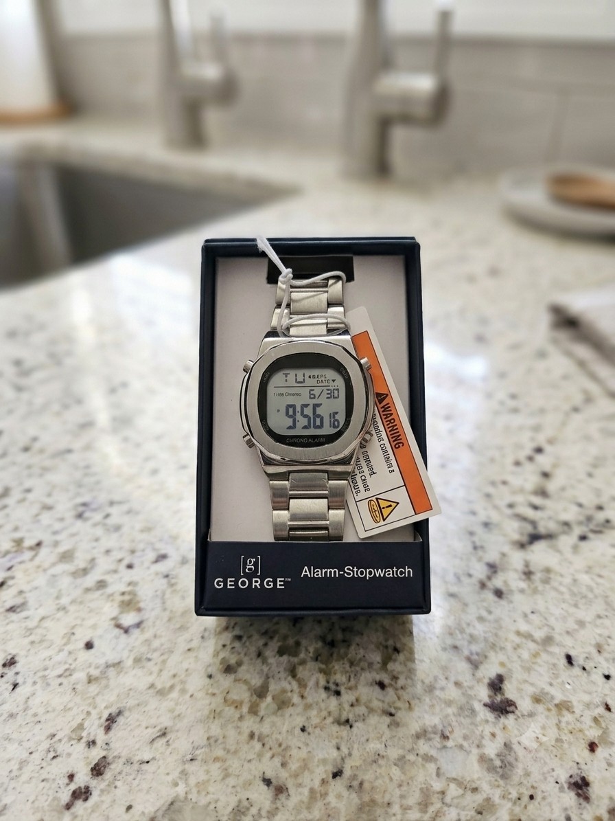 George Alarm-Stopwatch Digital Quartz Watch Alarm/Date Silver SS Bracelet Box