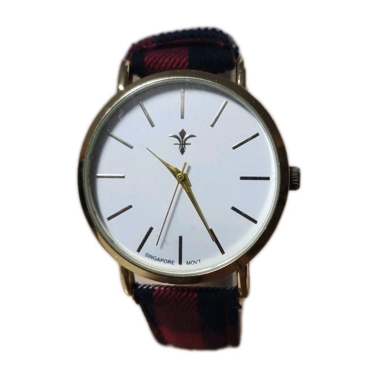 Watch Men’s Gold Tone White Fleur de lis Dial Red/Black Plaid Strap