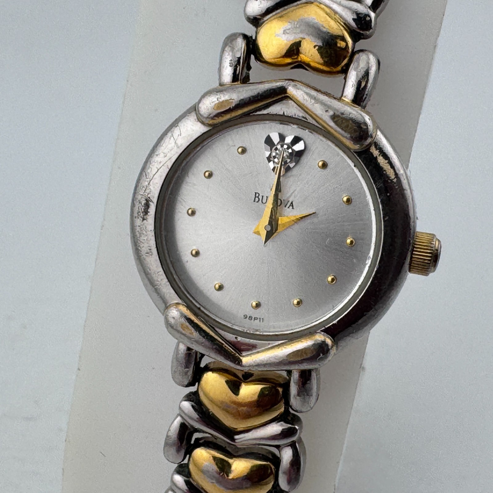 Vintage Bulova Quartz Watch 98P11 Women Dual Tone Diamond Analog New Battery 7″