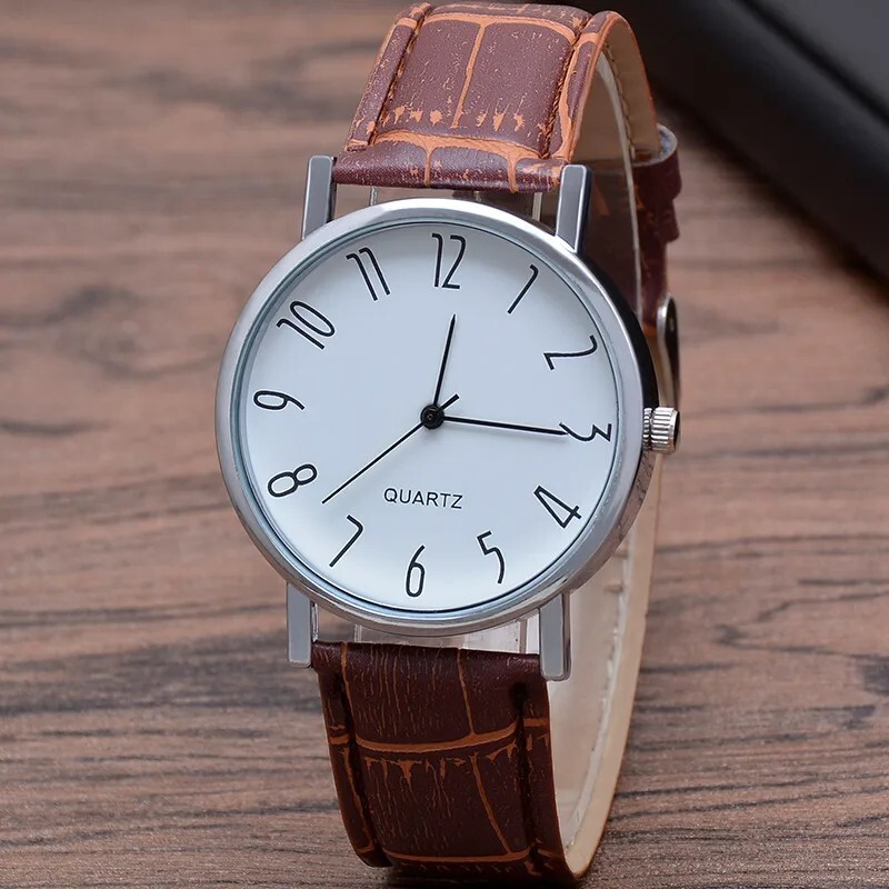 Fashion Solid Color Buckle Quartz Men’s Watches B White Brown Belt