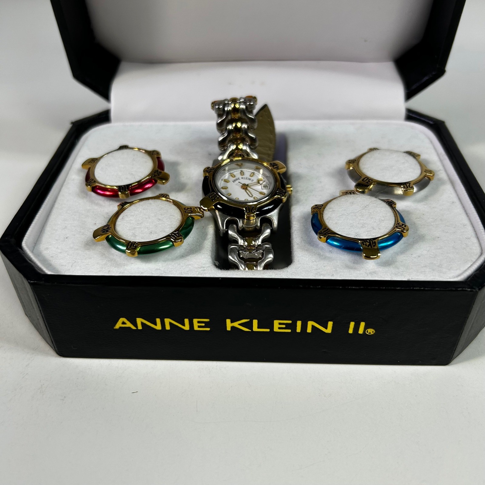Anne Klein II Vintage Watch Set Two Tone Leather Strap 4 Interchangeable Bezels