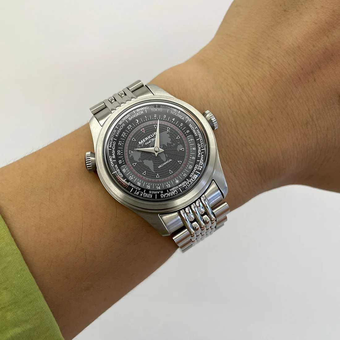 MERKUR World Time Dual Crown Enamel Dial Manual Mechanical Watch 38mm Retro