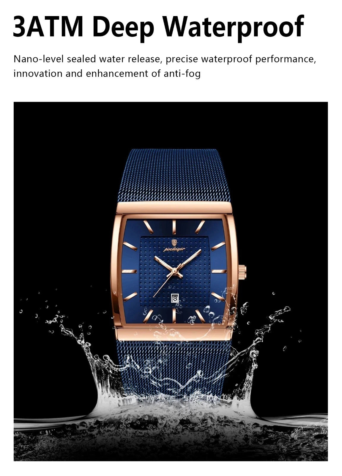 Luxury Men’s Watch Rectangle Steel Mesh Waterproof Luminous Date Quartz
