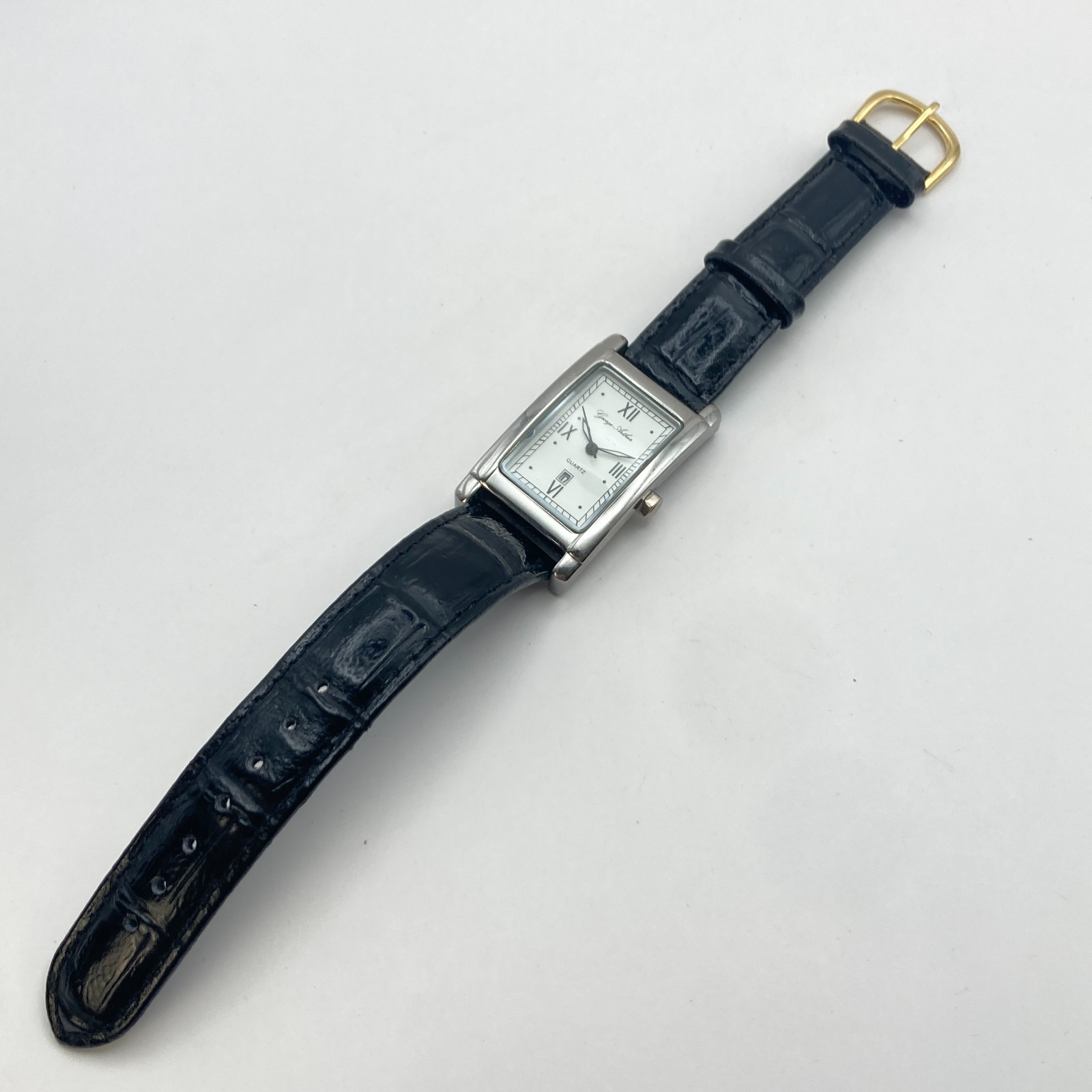 George Arthur Women’s Tank Watch Silver Tone Date Leather WR New Battery 8.5″
