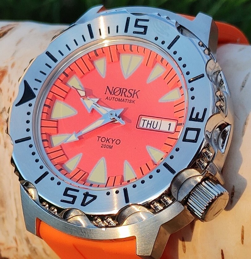 Automatic Sea Monster Watch, Norsk, Diver, Seiko NH36a movement Orange