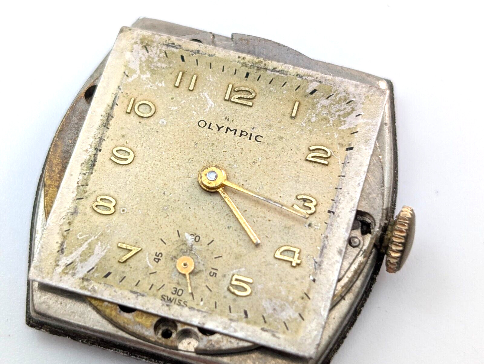 Vintage OLYMPIC Gsell & Co 7j 28mm Swiss Watch Movement & Rear Case PARTS REPAIR