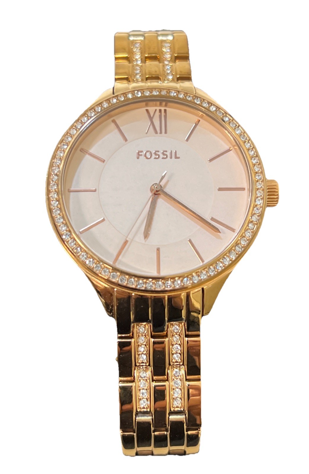 Fossil Watch Womens Size 8 Gold Tone Crystals Roman Numerals New Battery EUC