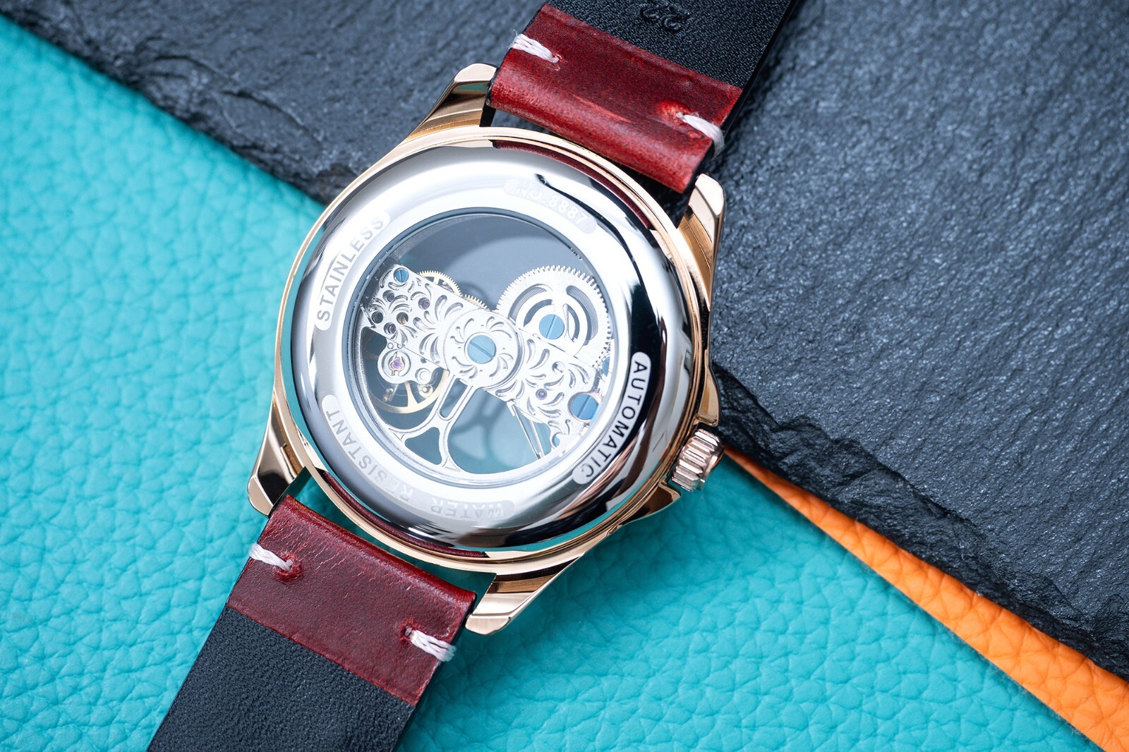 Mens Rose Gold Automatic Mechanical Watch Rainbow Cubic Oil Waxed Dark Red