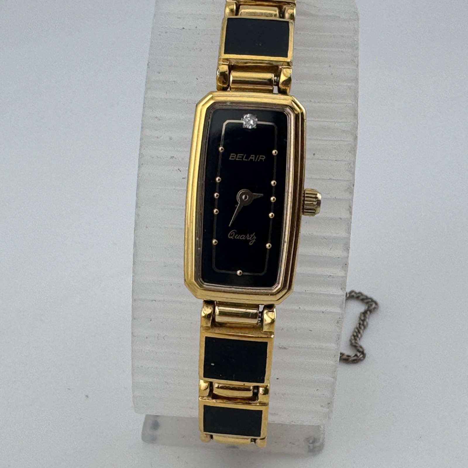 VTG Belair Quartz Watch Women Genuine Diamonds Gold Tone Black New Battery 6″