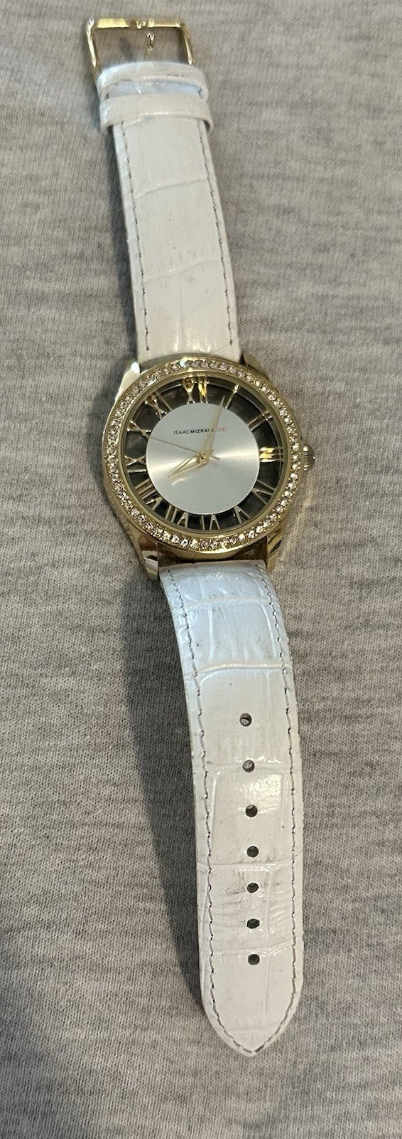 Isaac Mizrahi Live! Women’s Gold-Tone Crystal Bezel Quartz Watch White Strap
