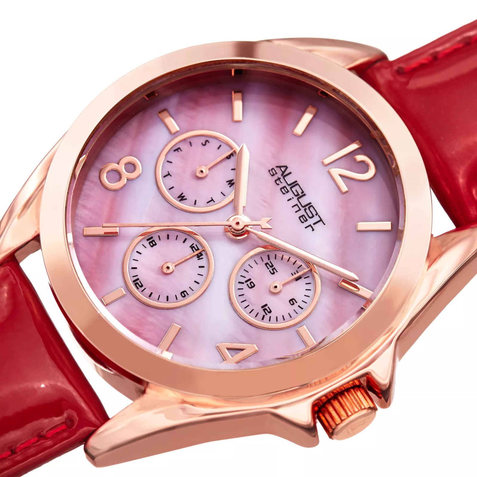 August Steiner AS8191RD Day Date GMT Red Genuine Leather Strap Womens Watch