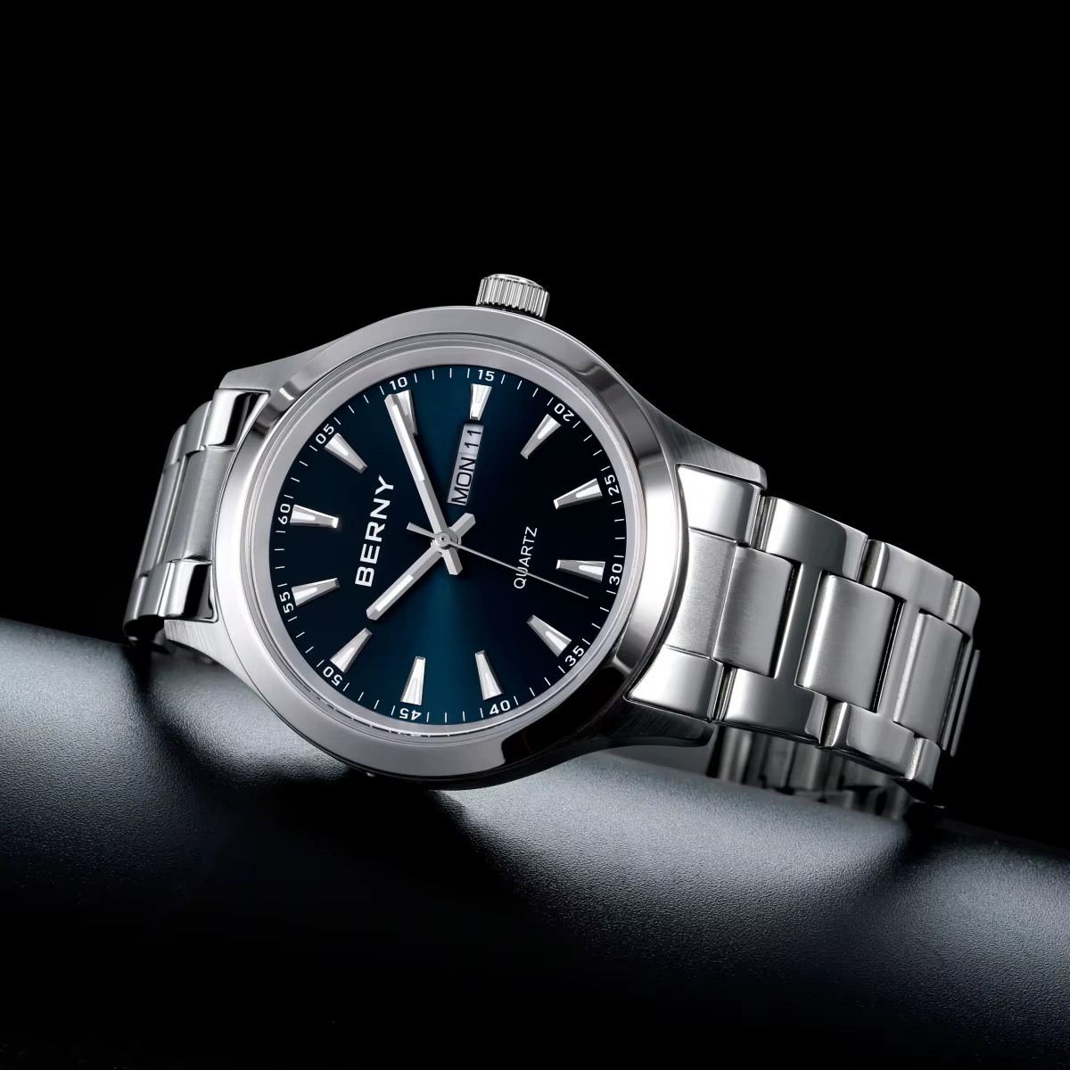 44MM BERNY Quartz Men’s Luxury Watch Diver 30M Waterproof Luminous Stainless NEW