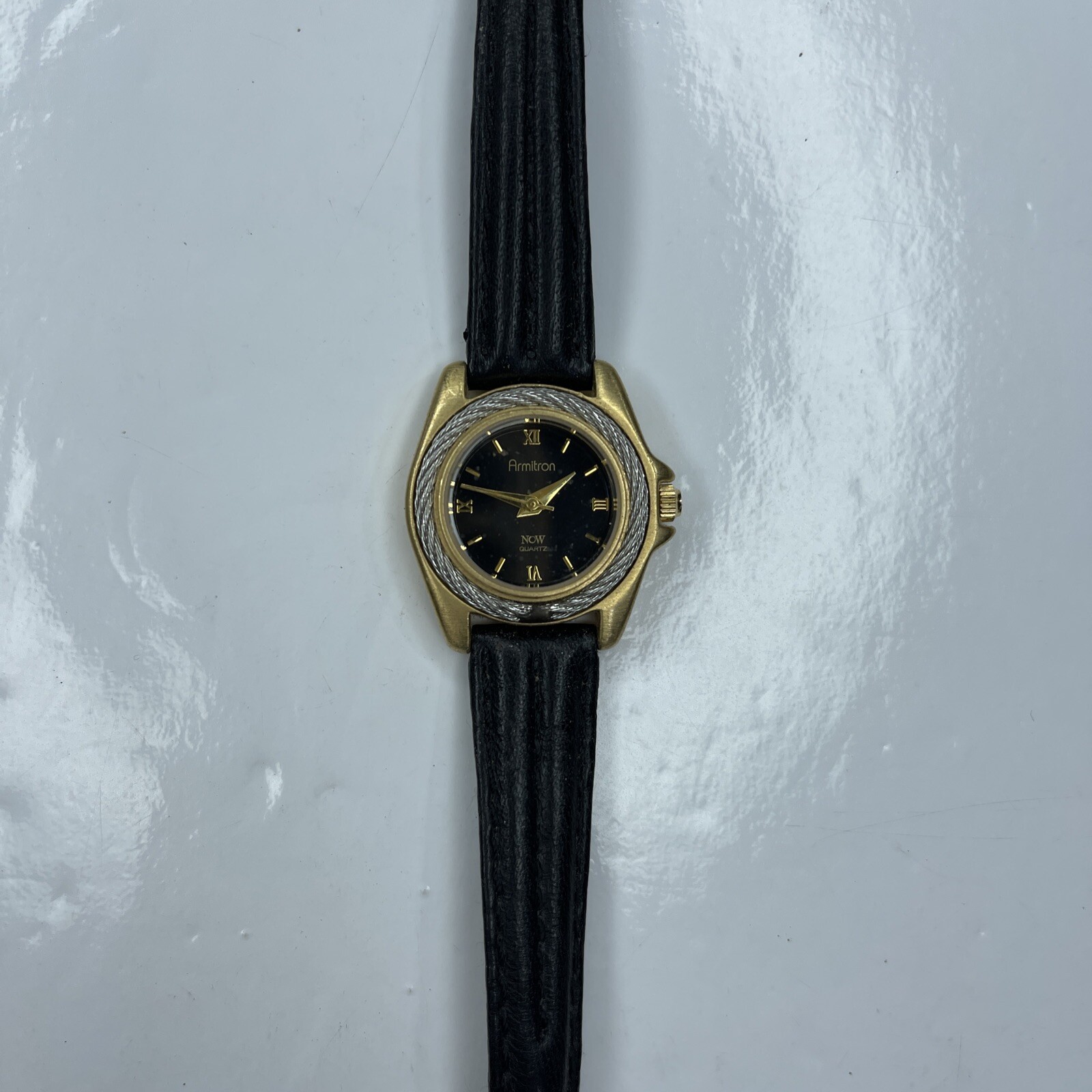 A Armitron Now 75/1619 Hong Kong Retro Cable Cord Gold Black Leather Untested