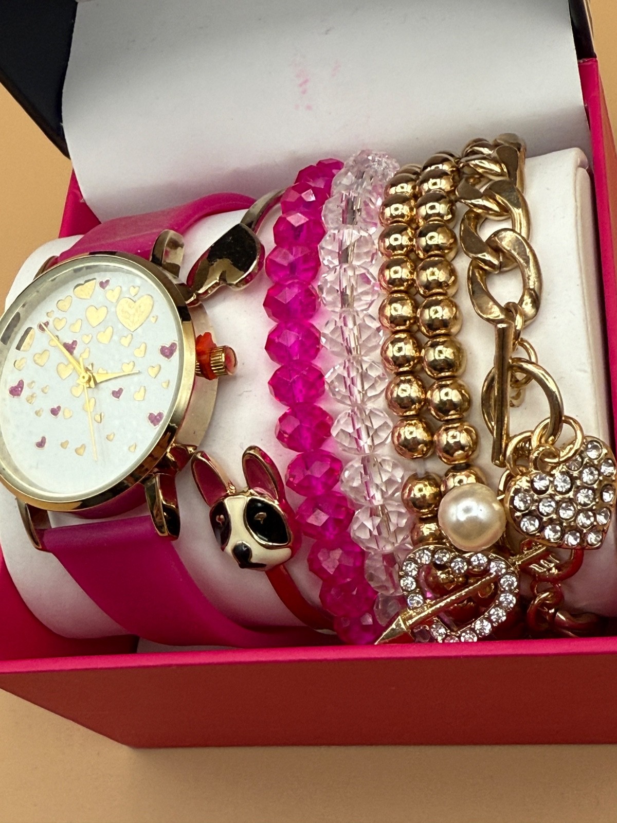 💖⌚ Jessica Carlyle Watch & Bracelet Set Pink Hearts Gift Box NEW