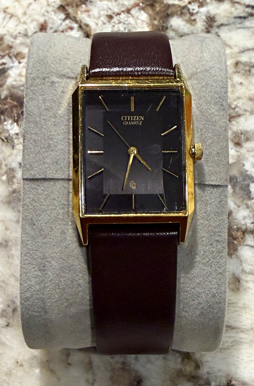 Citizen Quartz Rectangular Dress Watch 24mm Black Dial Gold Tone Brown Leather