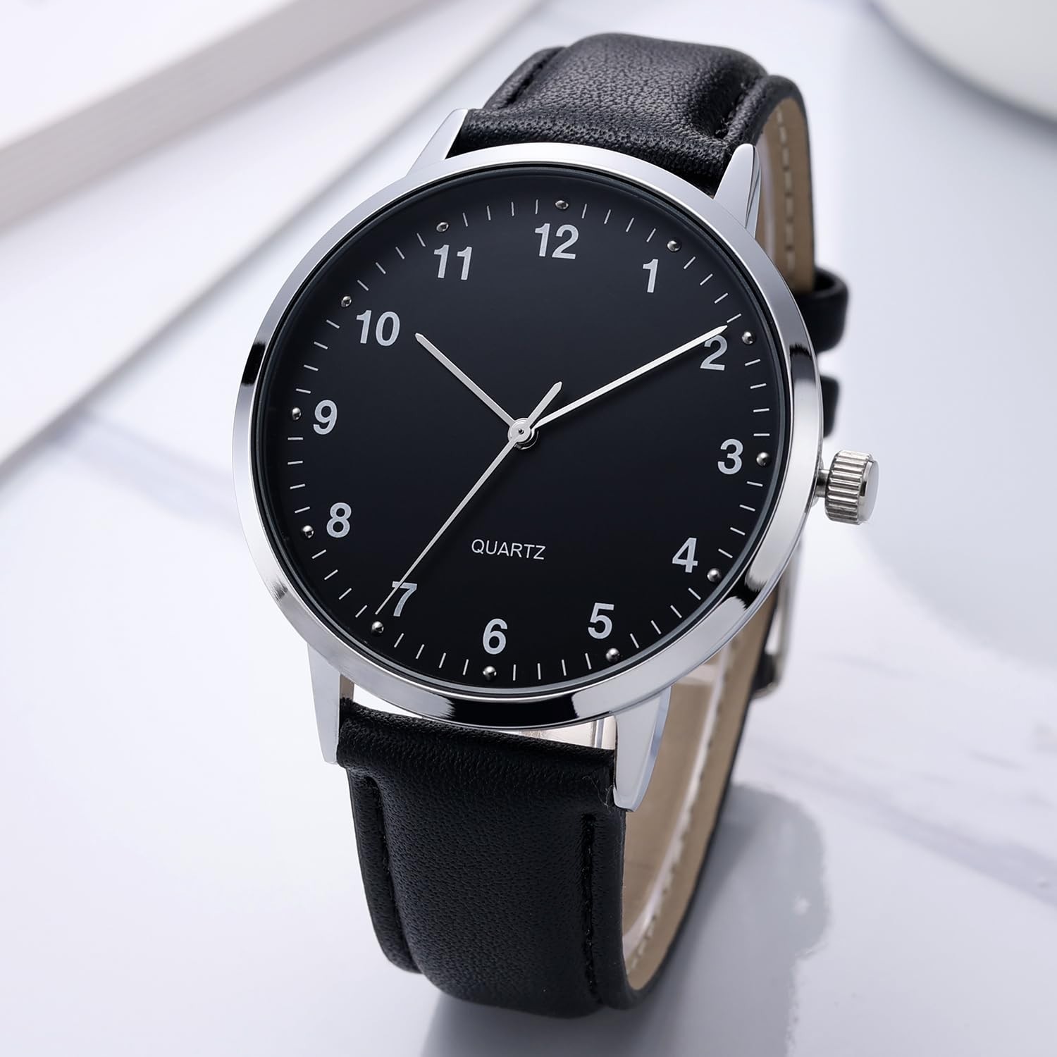 Men’s Black Large Dial Watch with Arabic Numerals & Black Belt – Modern Classic