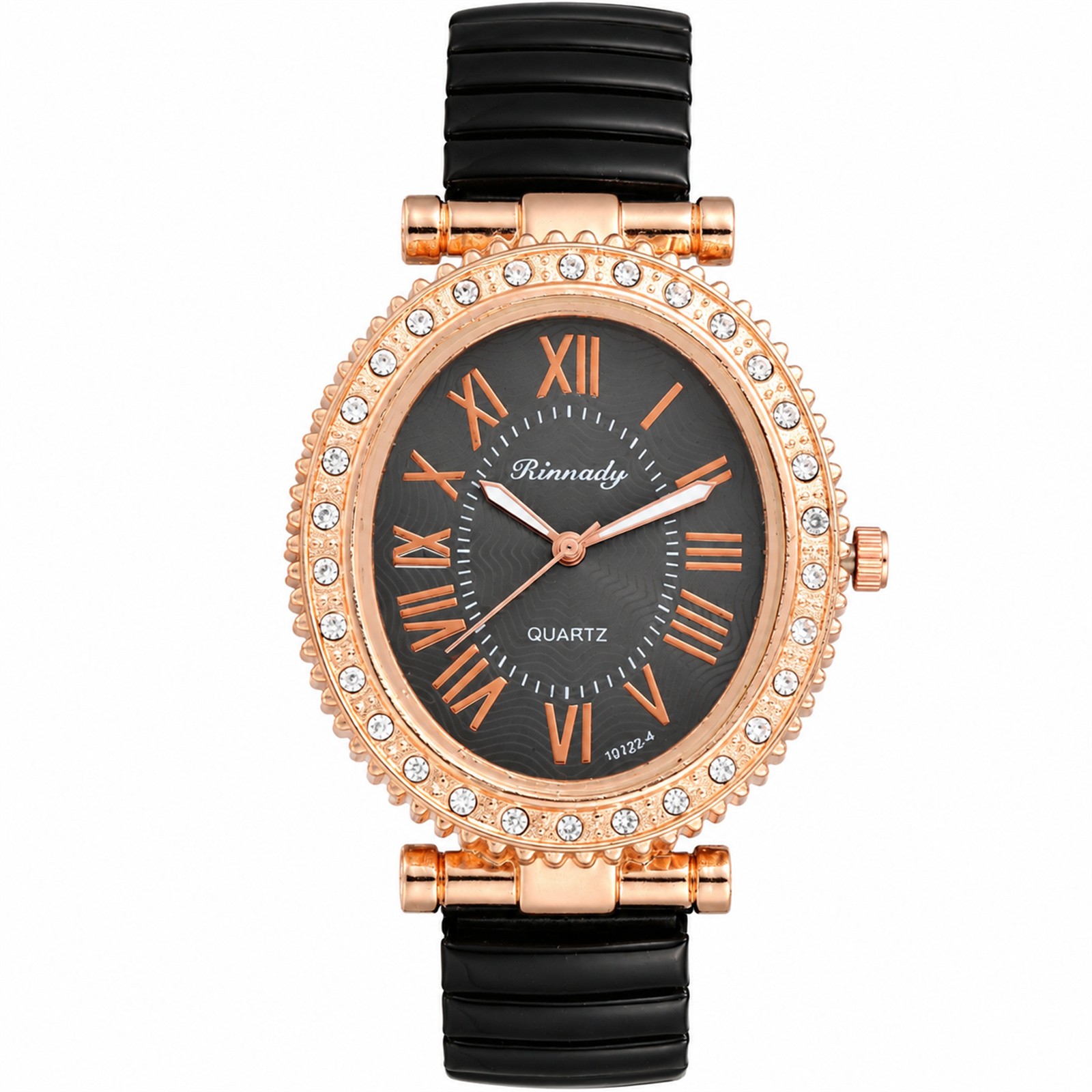 Women’s Oval CZ Bezel Roman Numerals Dial Steel Elastic Band Quartz Wrist Watch