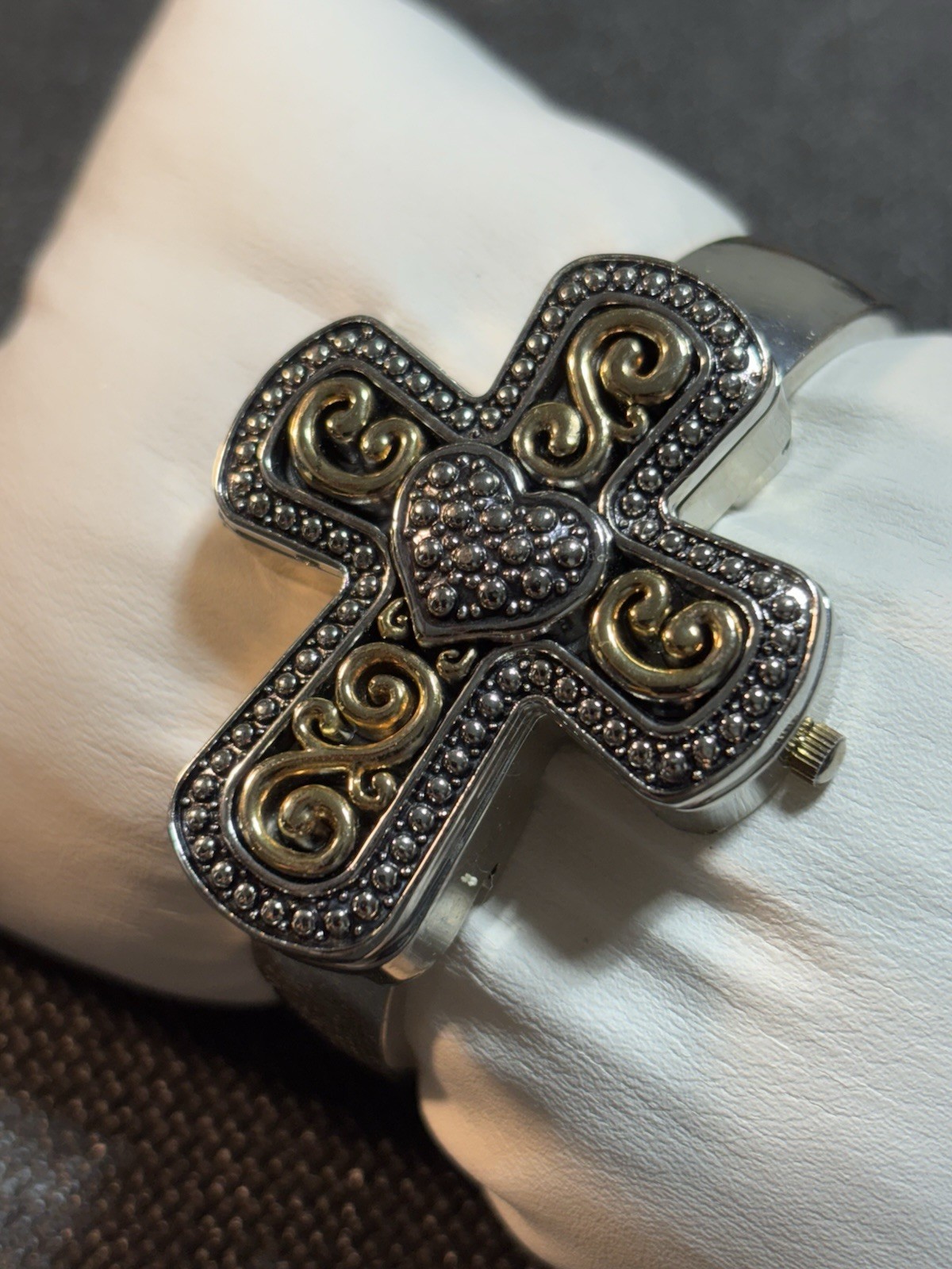 Geneva Women Cross And Heart Bracelet Watch Silver/Gold Tone,MOP Dial,Runs