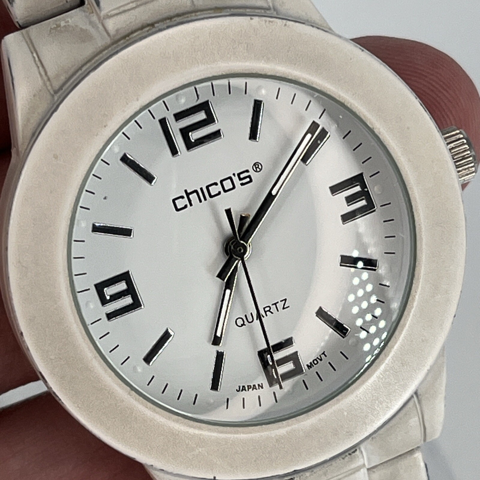 Vintage Chicos Women’s Watch White Tone Dial & Band Jewelry Clasp NEW BATTERY