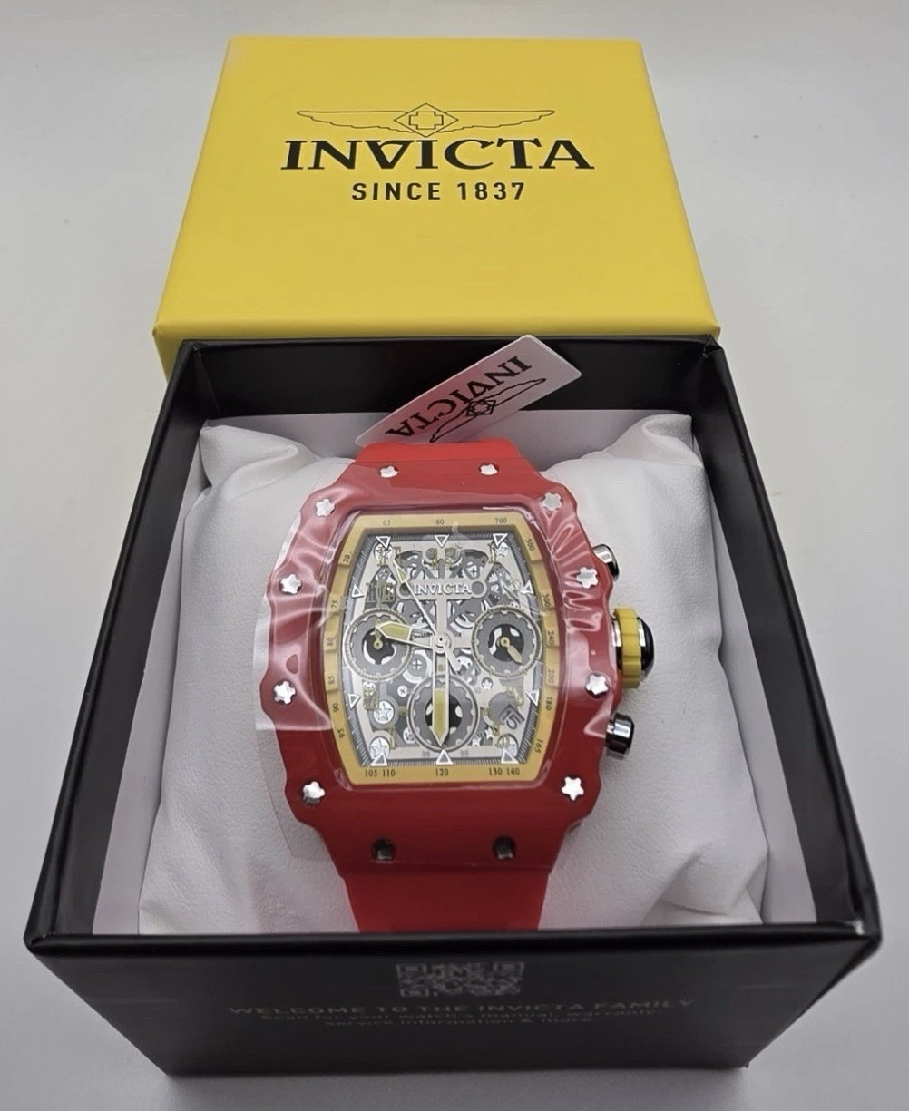Invicta Bolt Chronograph Quartz Men’s Tonneau Watch Red Silicone Strap Box