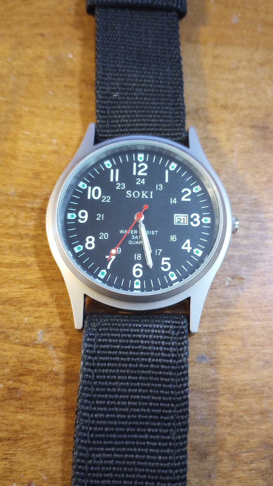 New Soki 24 Hr Date Military Style Men’s Watch, running w/new battery Inst, A1