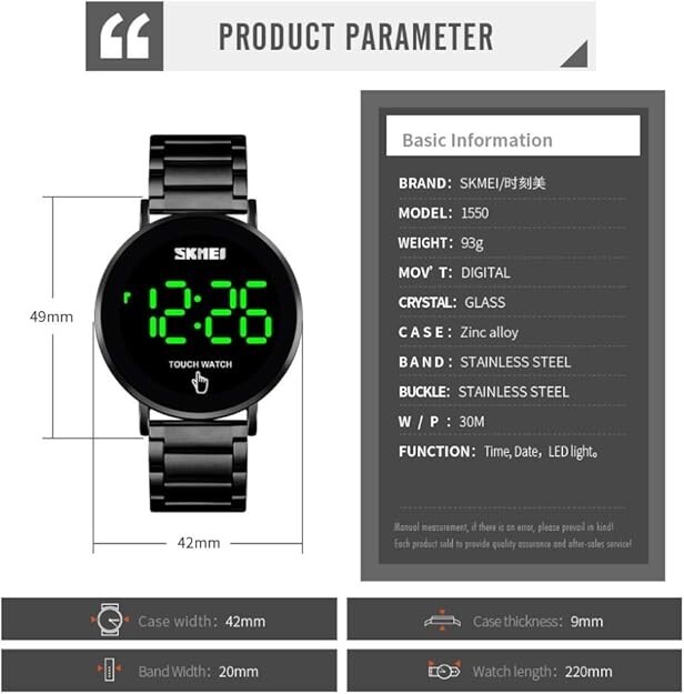 Gosasa Touch Screen Digital LED Waterproof Men Womens Sport Casual Stainless