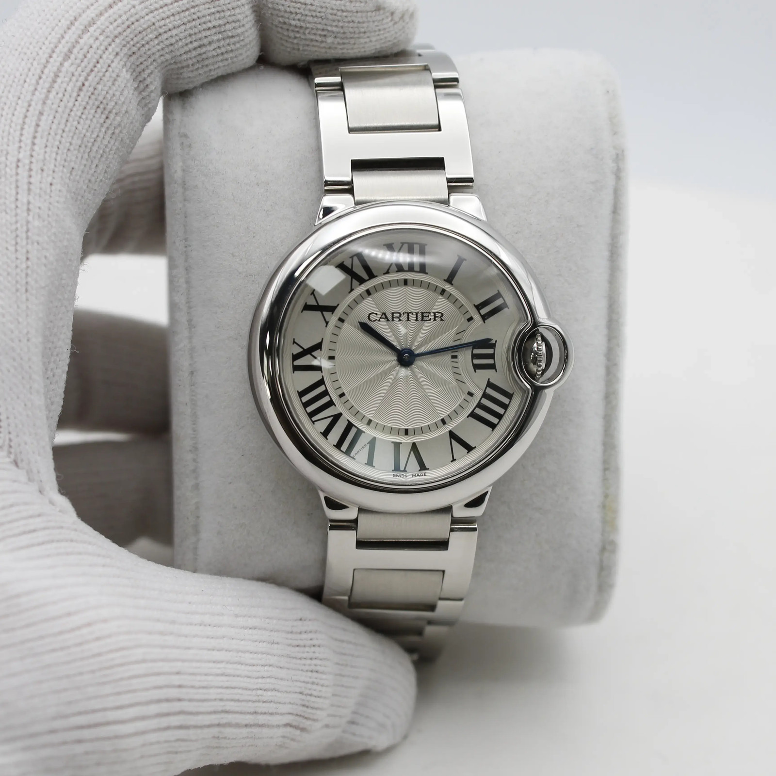 Cartier Ballon Bleu 36 Silver Guilloche Roman Dial Quartz Unisex Watch W69011Z4