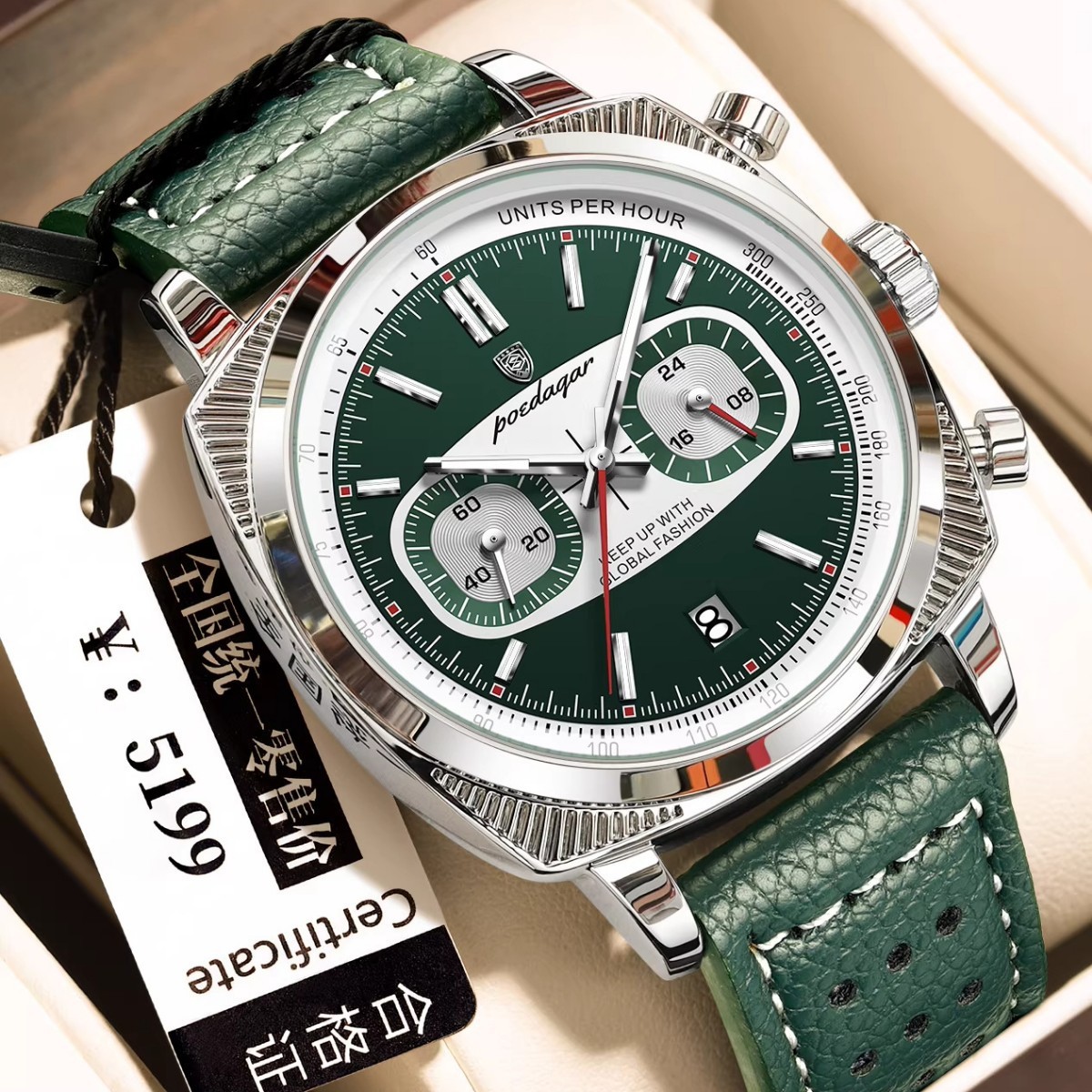 POEDAGAR Men’s Quartz Chronograph Watch Waterproof Luminous Leather Strap Watch